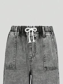 SHEIN Explorewe Teen Girls' Light Blue Washed Denim Casual Versatile Comfortable Bow Decor Drawstring Elastic Waist Pockets Wide Leg Jeans Suitable For All Seasons, This Straight-Leg, Loose-Fitting Design Features A Drawstring Waist, Delicate Pockets, And A Simple, Comfortable, And Versatile Style. - Light Grey - View 7