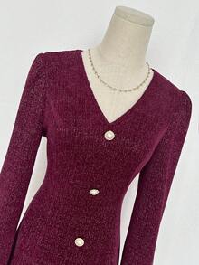 GlowEve Metallic Texture V-Neck Long Sleeve Cinched Waist A-Line Party Dress For Women, Autumn/Winter - Burgundy - View 5