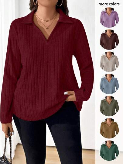 EMERY ROSE 大码女式纯色长袖罗纹休闲 T 恤，秋季，感恩节