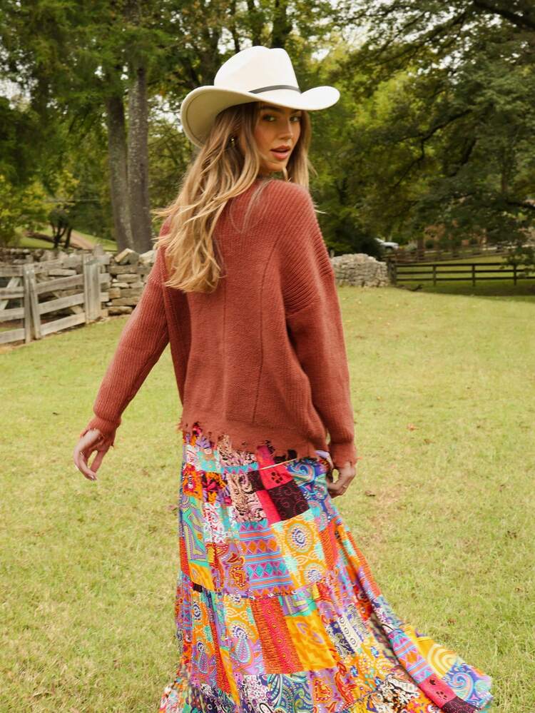Drop Shoulder Distressed Trim Sweater,Long Sleeve Tops In Fall/Winter