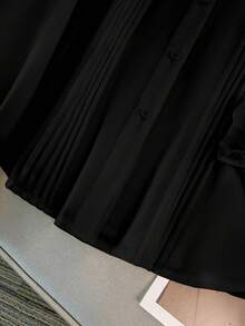 GlowEve CURVE Plus Size Women Long Sleeve Mandarin Collar Striped Casual Solid Color Ruffle Cuff Blouse, Suitable For Daily Commute Fall - Black - View 4