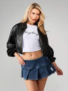 Missguided x Playboy Chân váy denim mini xếp ly có logo - Váy mùa hè dành cho trang phục thường ngày - Màu xanh lam - Xem 3