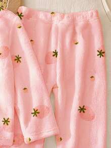 1set Baby Girls Watercolor Pink Strawberry Print Soft Plush Ribbed Collar Crew Neck Long Sleeve Top And Pants Pajama Set, Comfortable For Everyday Wear, Autumn/Winter Baby Girl Pajamas Set Baby Girl Warm Sets Baby Girl Sleepwear - Pink - View 3