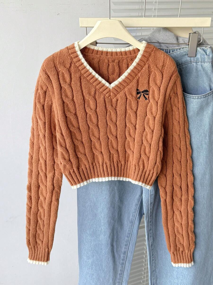 SHEIN Tween Girl Bow Embroidery V-Neck Long Sleeve Casual Sweater, Autumn/Winter Girls Sweater Brown Sweater Aesthetic Preppy Clothes For Girls Jumpers For Teen Girls Brown Sweater For Teen Girl