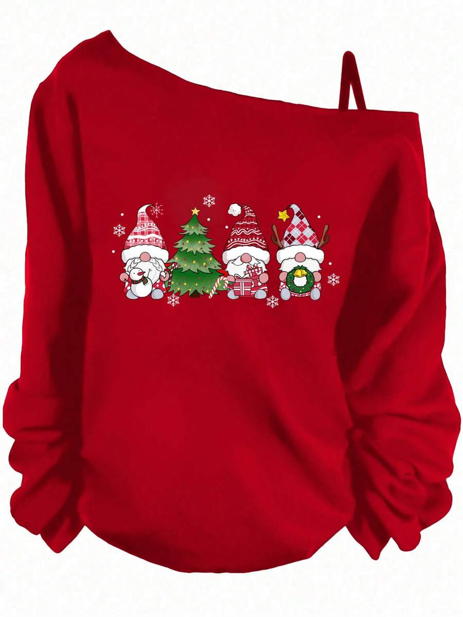 EMERY ROSE Plus Size Christmas Print Cold Shoulder Long Sleeve T-Shirt Fall - Red - View 1