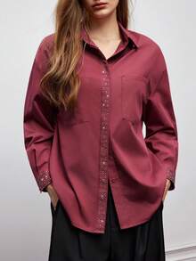Maija Women's Casual Rhinestone Embellished Pocket Front Button Long Sleeve Shirt, Autumn, Winter, Christmas Party Shirt, New Year, Red Shirt, Thanksgiving Shirt, Elegant Party Shirt - Red Violet - View 7