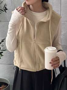 FRIFUL 女士休闲纯色无袖夹克，秋冬背心 - 卡其色 - 查看 3