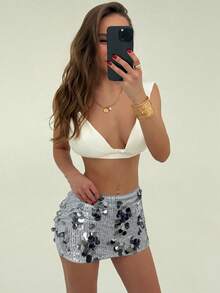 Aloruh Glitter Low-Waist Mini Skirt, Versatile For Music Festival, Young Streetwear - Silver - View 5