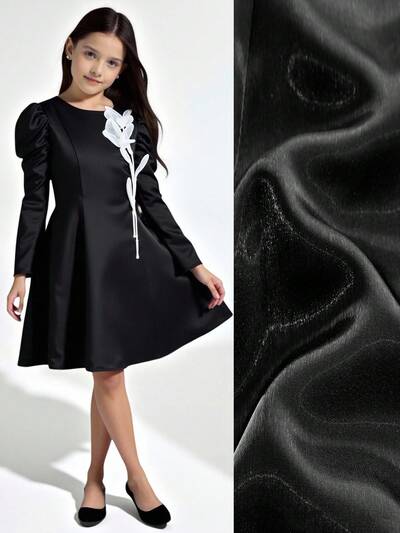 Tween Girls' Solid Color Floral 3D Embroidery Long Sleeve Round Neck Dress Fall Winter