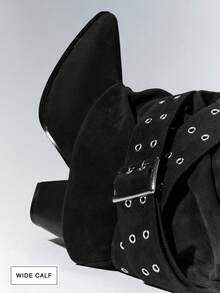SHUZIA Women's Wide-Calf Comfortable Chic Sexy Faux Suede Knee-High Heeled Boots With Metal Buckle Decors - Black - View 4