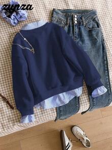 SHEIN Teen Girl Casual Pullover Sweatshirt, Versatile For School & Commute, 2 In 1 Sweatshirt With Shirt Collar, Numeric & Letter, Leopard Print Pattern, Loose Fit