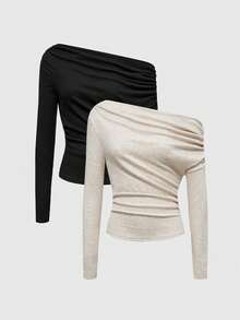 ROMWE Set de 2 tops cortos ajustados con hombros oblicuos y drapeado para mujer - Multicolor - Ver 1