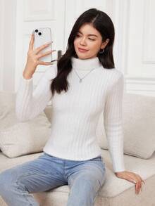 SHEIN 少女白色纯色高领款式，返校季，温暖的冬季上衣，女童上衣，法式高领罗纹针织纹理白色紧身毛衣，圣诞服装，圣诞上衣，节日服装，返校季 - 白色 - 查看 1