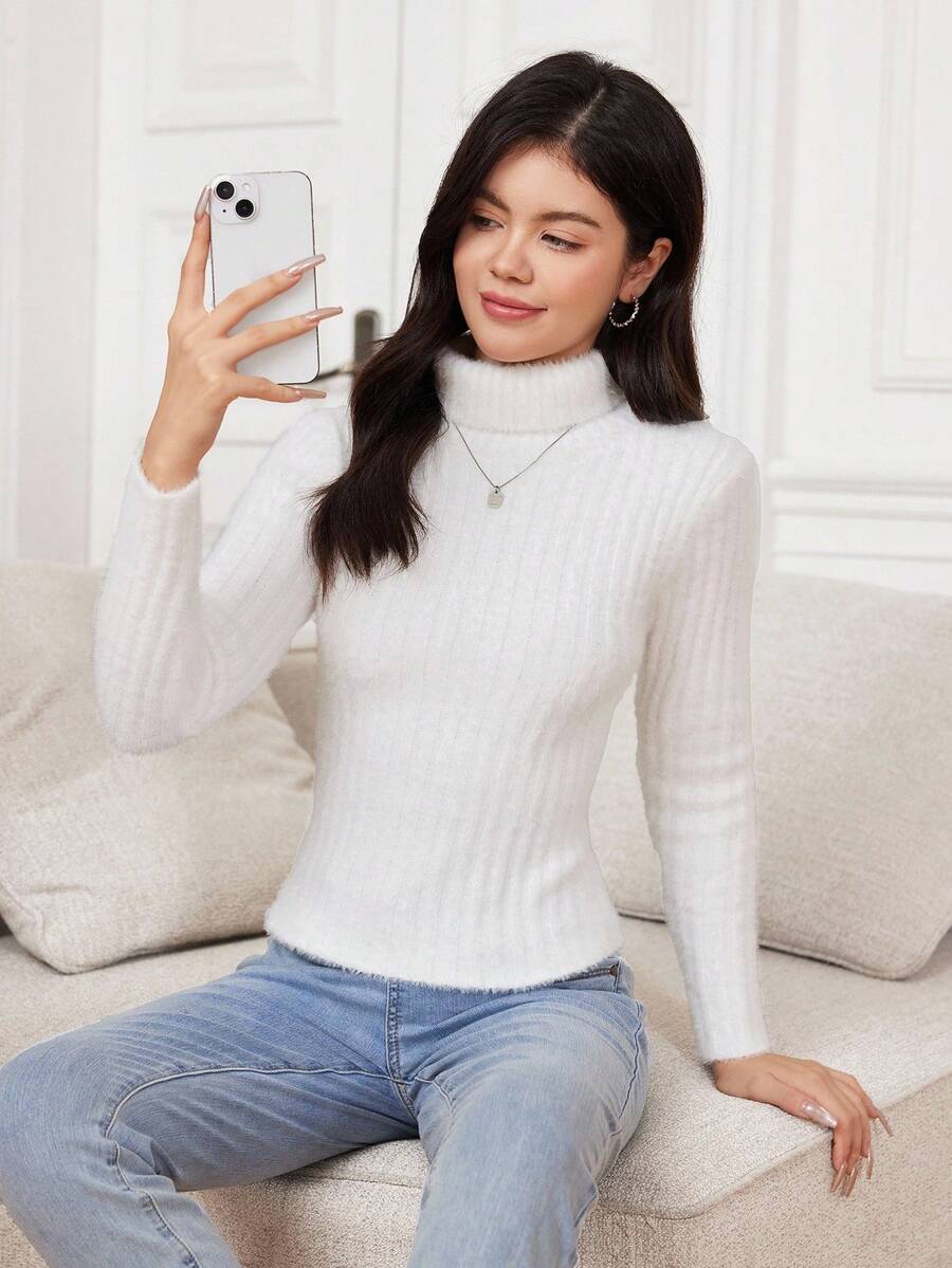 SHEIN 少女白色纯色高领款式，返校季，温暖的冬季上衣，女童上衣，法式高领罗纹针织纹理白色紧身毛衣，圣诞服装，圣诞上衣，节日服装，返校季 - 白色 - 查看 1
