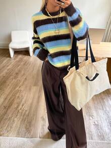 SHEIN EZwear Old Money 女士冬季休闲落肩长袖彩色毛衣，秋冬条纹毛衣，女士毛绒毛衣，秋季 - 彩色 - 查看 4