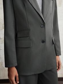 Lumivelle Women's Solid Color Lapel NeckLong Sleeve Jacket And Pants Casual Commuter Minimalist Suit Set - Dark Grey - View 6