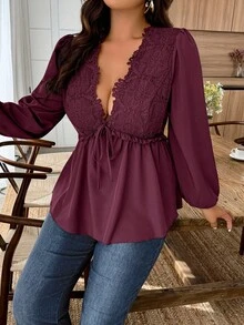 EMERY ROSE Plus Size Solid Color Lace Patchwork Deep V-Neck Twist Front Long Sleeve Blouse - Burgundy - View 5