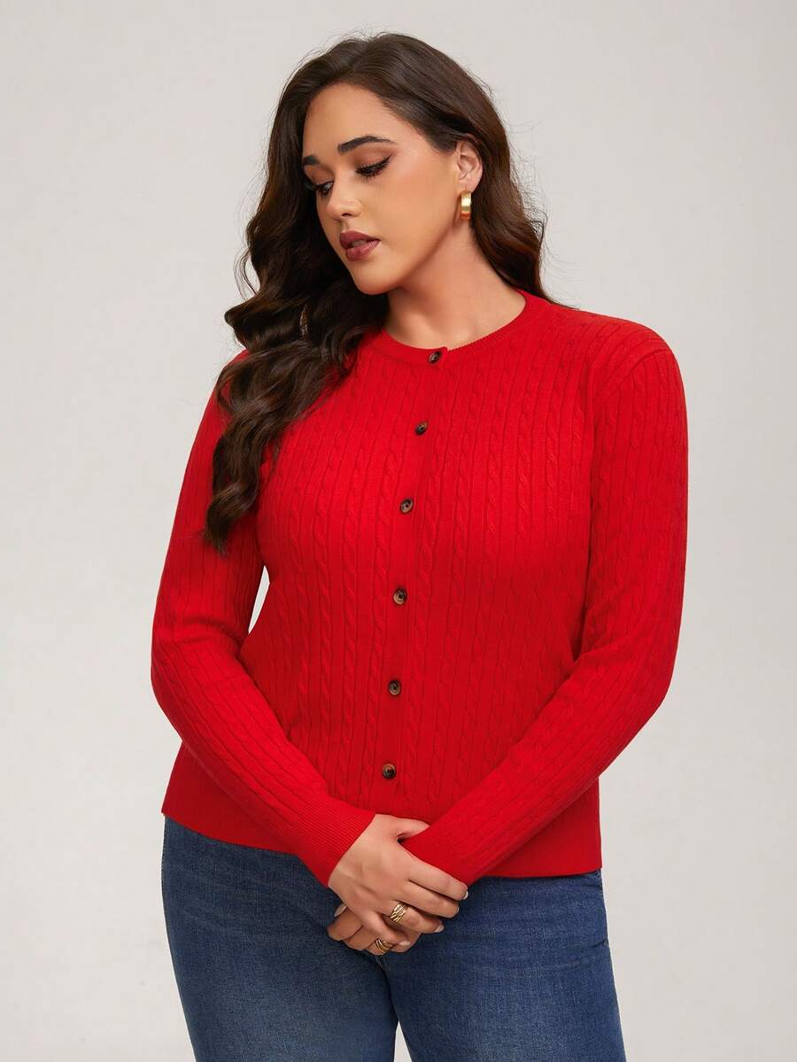 INAWLY Plus Size Women Cable Knit Cardigan, Casual Everyday Commute Wear, Minimalist Solid Color, Autumn - Red - View 1