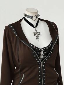 Sunspun Chaqueta con capucha de manga larga con remaches de estilo punk oscuro de moda para tallas grandes - Marrón - Ver 7
