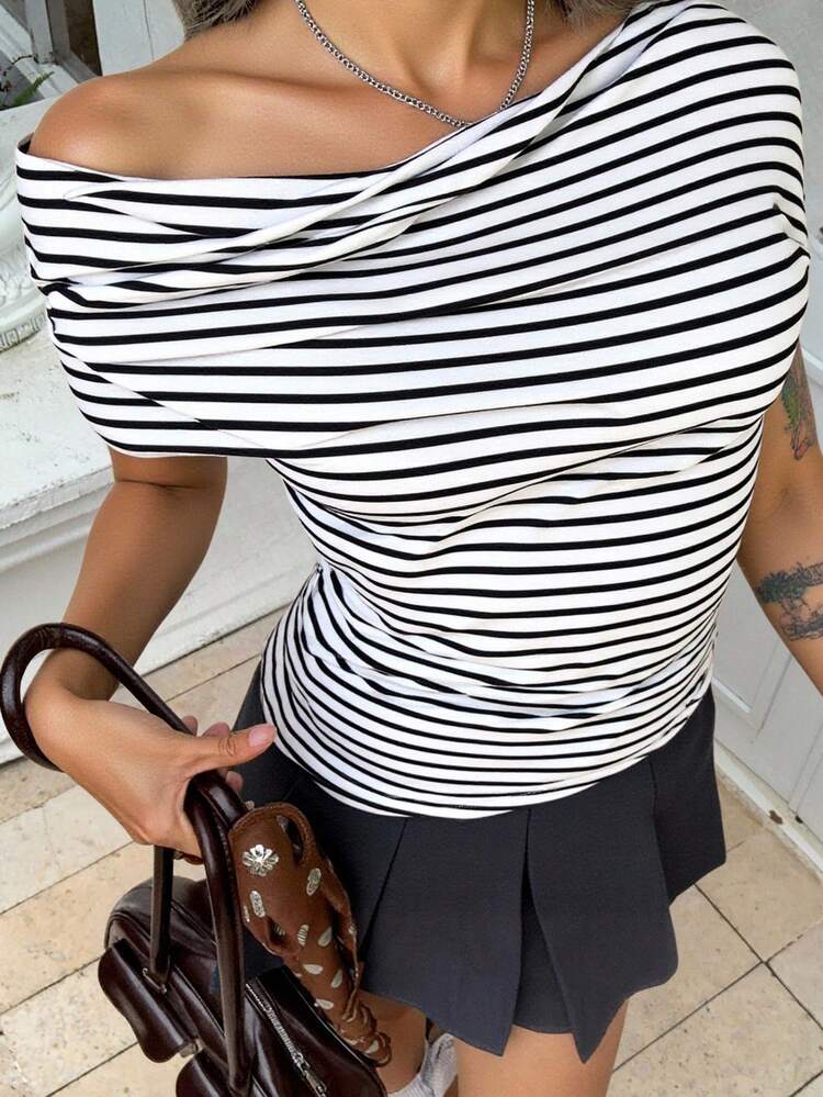 Women's Summer Short Sleeve Striped Asymmetrical Shoulder Casual T-Shirt Long Sleeve Top Off The Shoulder