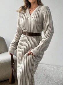 EURMUSE Women Solid Color Deep V-Neck Rib Knit Slit Detailed Long Sweater Dress,Winter Dresses - Beige - View 3