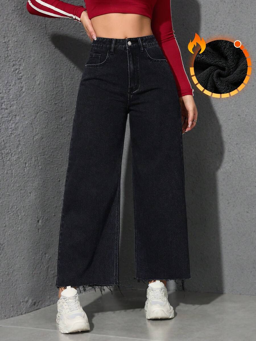SHEIN ICON Quần jean ống rộng cạp cao thời trang cá nhân hóa mùa đông cỡ lớn cho nữ - màu đen - Xem 1