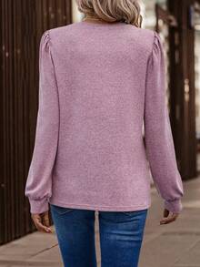 EMERY ROSE Women's Solid Color Round Neck Puff Sleeve Casual Loose T-Shirt - Pink - View 2