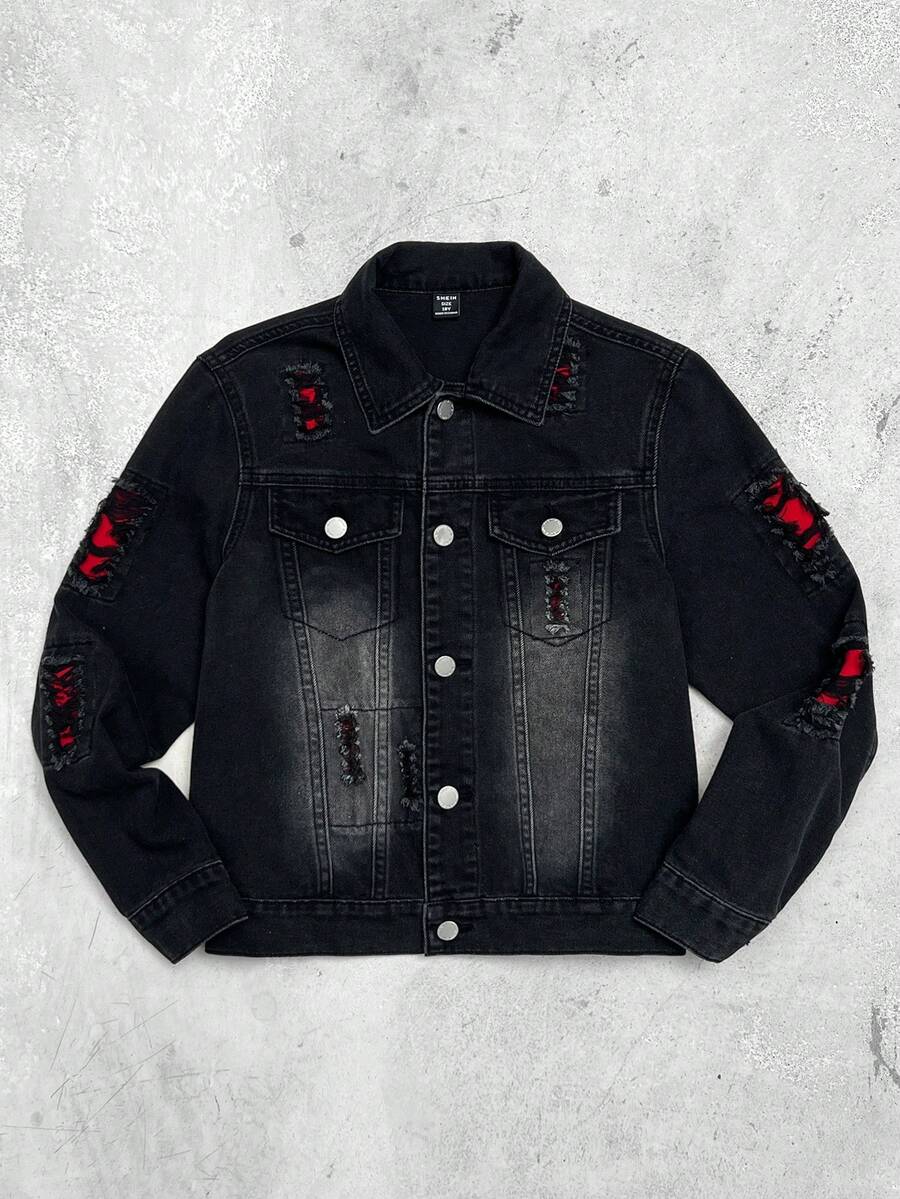 SHEIN Chaqueta vaquera de manga larga holgada con elementos navideños de parches rojos, estilo vintage Y2K, básica y con cortes y desgarros, para uso diario, invierno, otoño, festivales y streetwear, para niño preadolescente - Negro - Ver 1