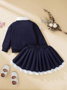 Souflis Souflis 2pcs/Set Baby 6Months-3Years Baby Autumn For Girl Casual Cute And Preppy Style Bowknot Embroidery Long Sleeve Top Short Pleated Skirt Navy Blue - Royal Blue - View 3
