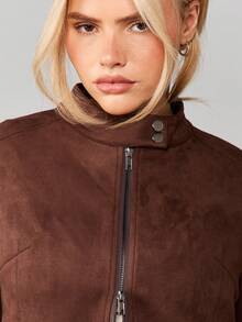 MISSGUIDED Chaqueta bomber de ante con cierre de cremallera y detalles de botones para exteriores de otoño e invierno - Marrón - Ver 5