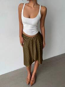 Aloruh 女士时尚优雅棕色条纹不对称超低腰条纹斜纹及膝紧身喇叭下摆半身裙，适合度假和日常穿着 - 棕色 - 查看 7