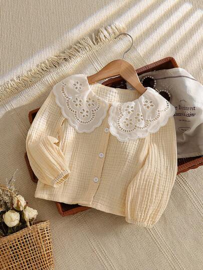 SHEIN Vintaside Kids 女孩优雅甜美可爱刺绣蕾丝领衬衫，适合生日礼物、节日派对、秋/春/冬