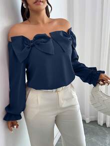 Elenzga Plus Size Women's Solid Color Bow Decor Off-Shoulder Long Sleeve Fashionable Blouse - Navy Blue - View 6