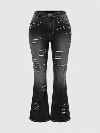 Goth Frauen Große Größen Grunge-Punk Vintage Straßen-Stil asymmetrisch abgenutzt beschlagene ausgewaschene Jeans, Große Größen Schlagjeans, schlank eleganter Punk Straßen Lässig Große Größen Jeans Hosen