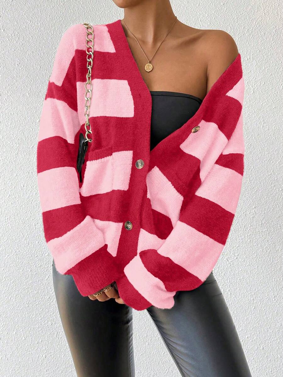 EMERY ROSE Áo len cardigan lông chồn giả sọc thiết kế mới thu đông dành cho nữ - Màu Hoa hồng đỏ - Xem 1