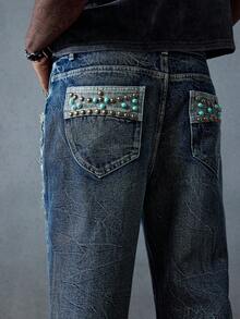 ROMWE MEN Street Life Herren Lässig Mode Straße Vintage Rohe Kante Weite Loose-Fit Jeans - Blau - Übersicht 4