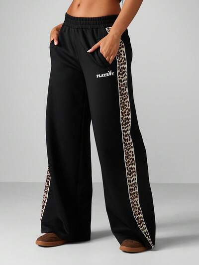 Missguided x Playboy Spodnie dresowe z szerokimi nogawkami i wzorem w panterkę