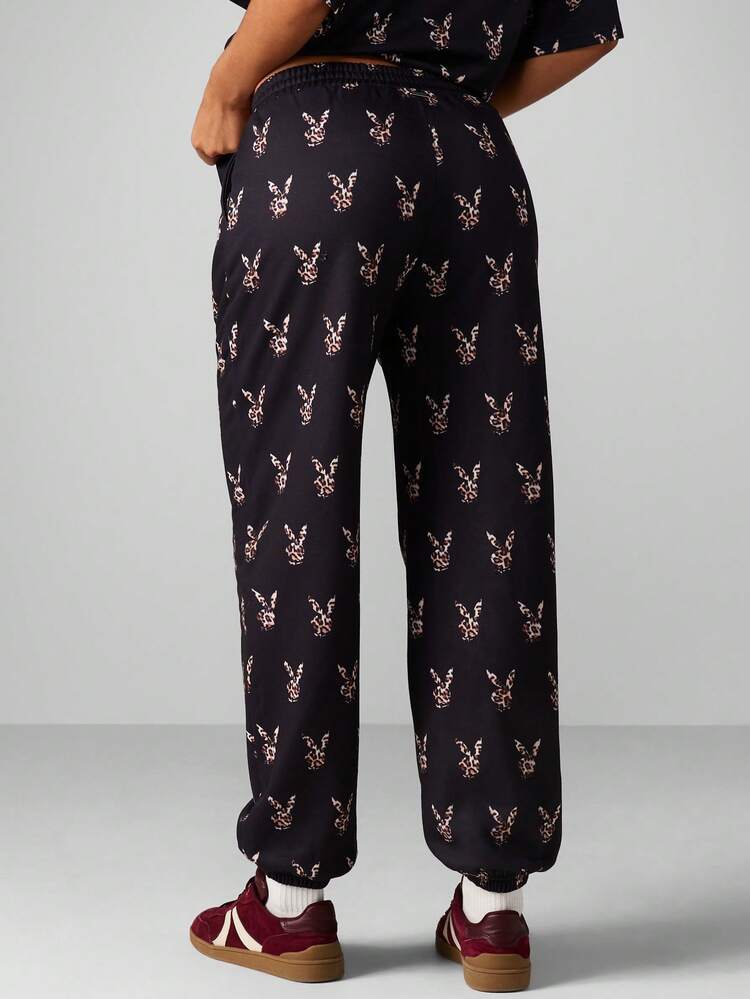 Missguided x Playboy Pantalon de jogging à revers imprimé léopard pour femmes, pantalon de survêtement décontracté à taille élastique, bas confortable avec imprimé animal