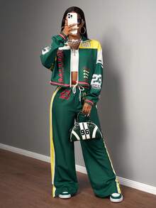 Slaydiva New Autumn/Winter Women's Back To School Outfit, Casual Business Streetwear, Retro College Style Jacket With Stand Collar Front Zipper Long Sleeve Cropped Top + Straight Leg Wide Pants With Slit Hem, Military Green Patchwork White Yellow Printed Logo, 2 Piece Set - Multicolor - View 10