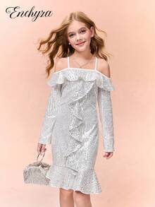 Glamorous Elegant Sequin Party Dress, Off Shoulder With Ruffle Hem - Beige - View 5