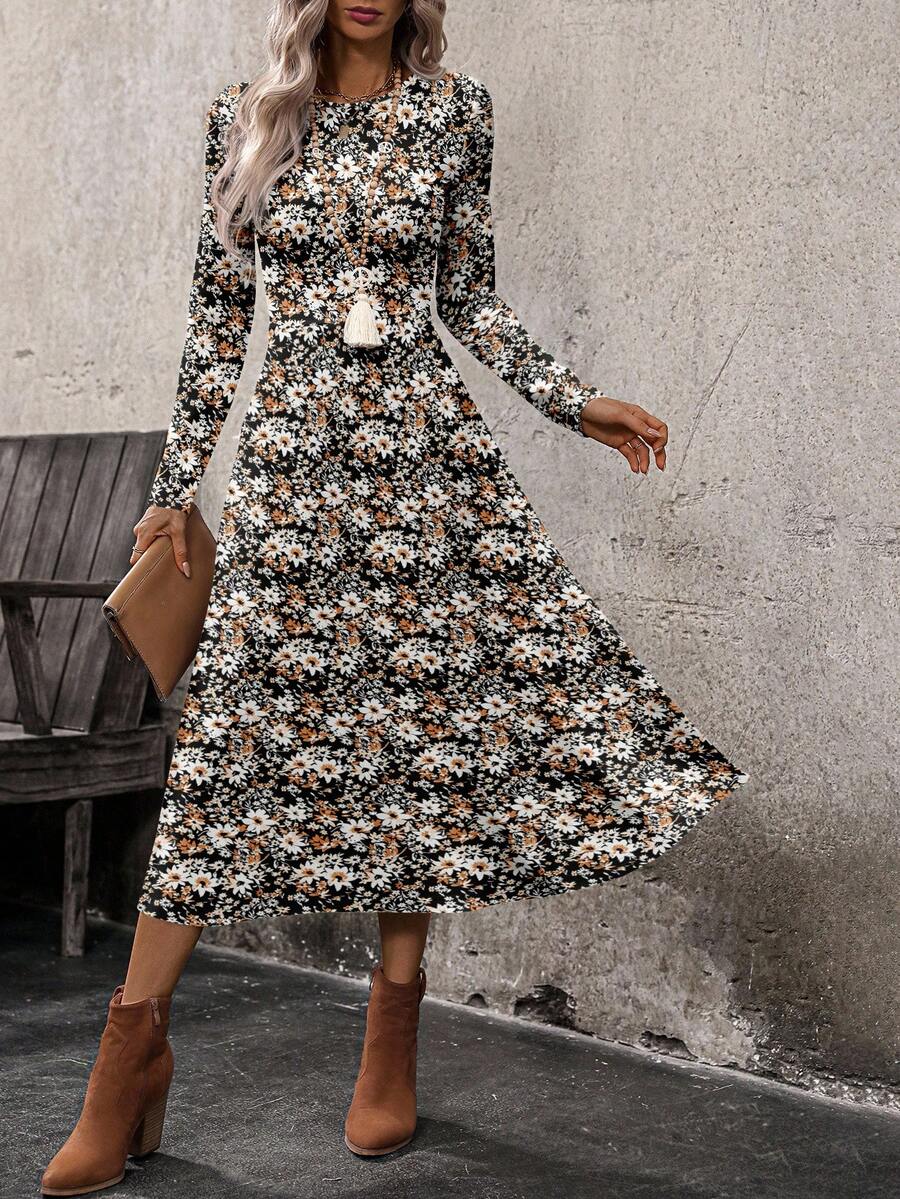 EMERY ROSE Vestido de manga larga con bloque de color y estampado floral diminuto de estilo vintage minimalista casual para mujer, adecuado para otoño/invierno - Multicolor - Ver 1