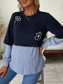 SHEIN Felpa da allattamento a 2 in 1 con stampa floreale, patchwork e righe per gravidanza - Blu - Visualizzare 5