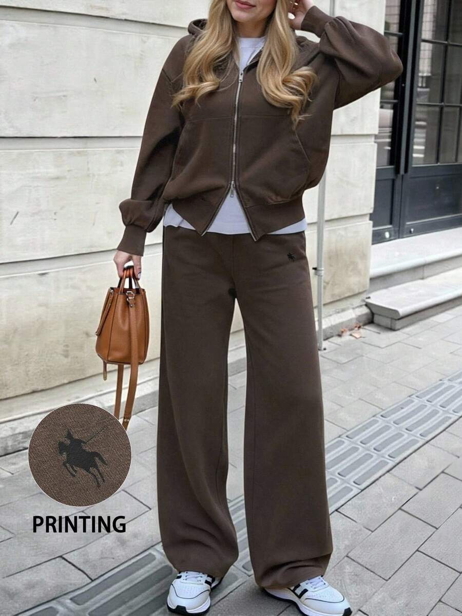 INAWLY Plus Size Women Solid Color Drop Shoulder Long Sleeve Zip Front Hoodie And Pants Casual 2 Piece Set, Autumn - Brown - View 1