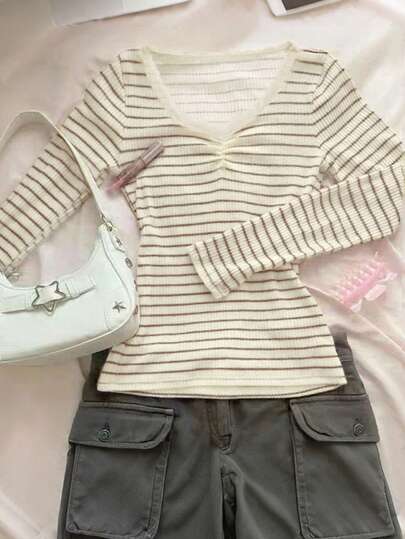 INAWLY 大码女式休闲浪漫复古条纹长袖T恤