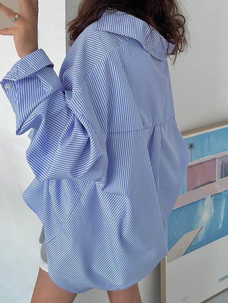 Women's Loose Fit Striped Collared Shirt, Versatile, Blue, Spring/Summer/Autumn Long Sleeve Top