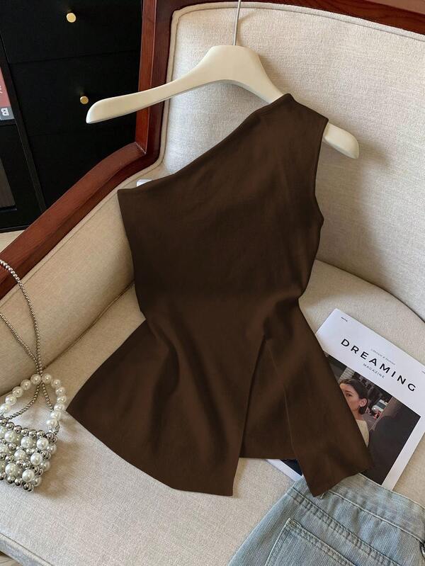 GlowEve Chaleco elegante de unicolor con cuello asimétrico y abertura, para uso diario en verano