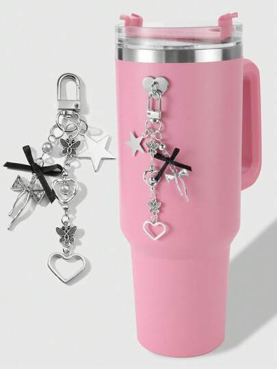 Kawaii 1pc Y2K Stylish Minimalist Versatile High-Quality Silver Chain Star Butterfly Rhinestone Woven Bow CCB Hollow Heart Decor DIY Keychain, Bag Charm, Phone Charm, Cup Charm, Earphone Charm, Comes With Phone Holder & Heart Sticker, Suitable For Women, Girls, Daily Wear, Holiday Gift