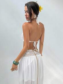 Women's 2-Piece Set: Sleeveless Knit Top With 3D Flowers + Halter Crochet Chiffon Skirt, Tropical Bohemian Design, Ideal For Summer, Beach, Vacation, Autumn And Winter - 白色的 - 查看 3