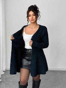 Elenzga Plus Size Fall Solid V-Neck Button Placket Peplum Hem Cardigan - Navy Blue - View 6