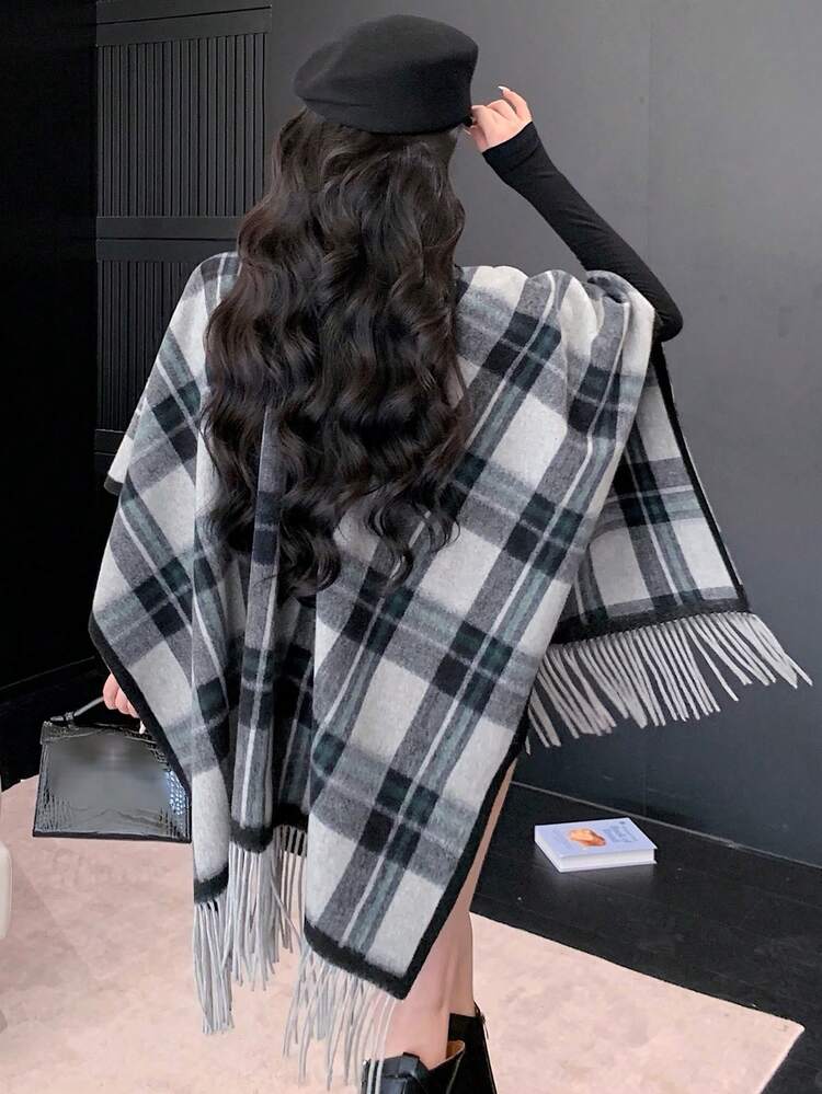 Loose Retro Plaid Casual Elegant Fringe Trim Knit Cardigan For Women, Autumn/Winter Vest